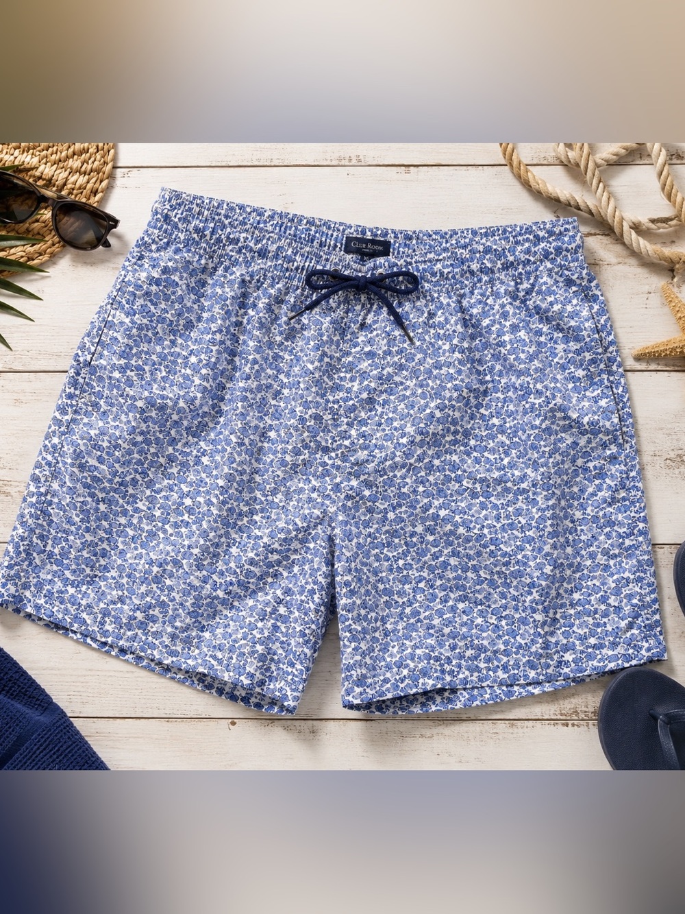 Club Room XL Blue Fish Print Swim Trunks Mesh Lined Drawstring Pockets Beach
